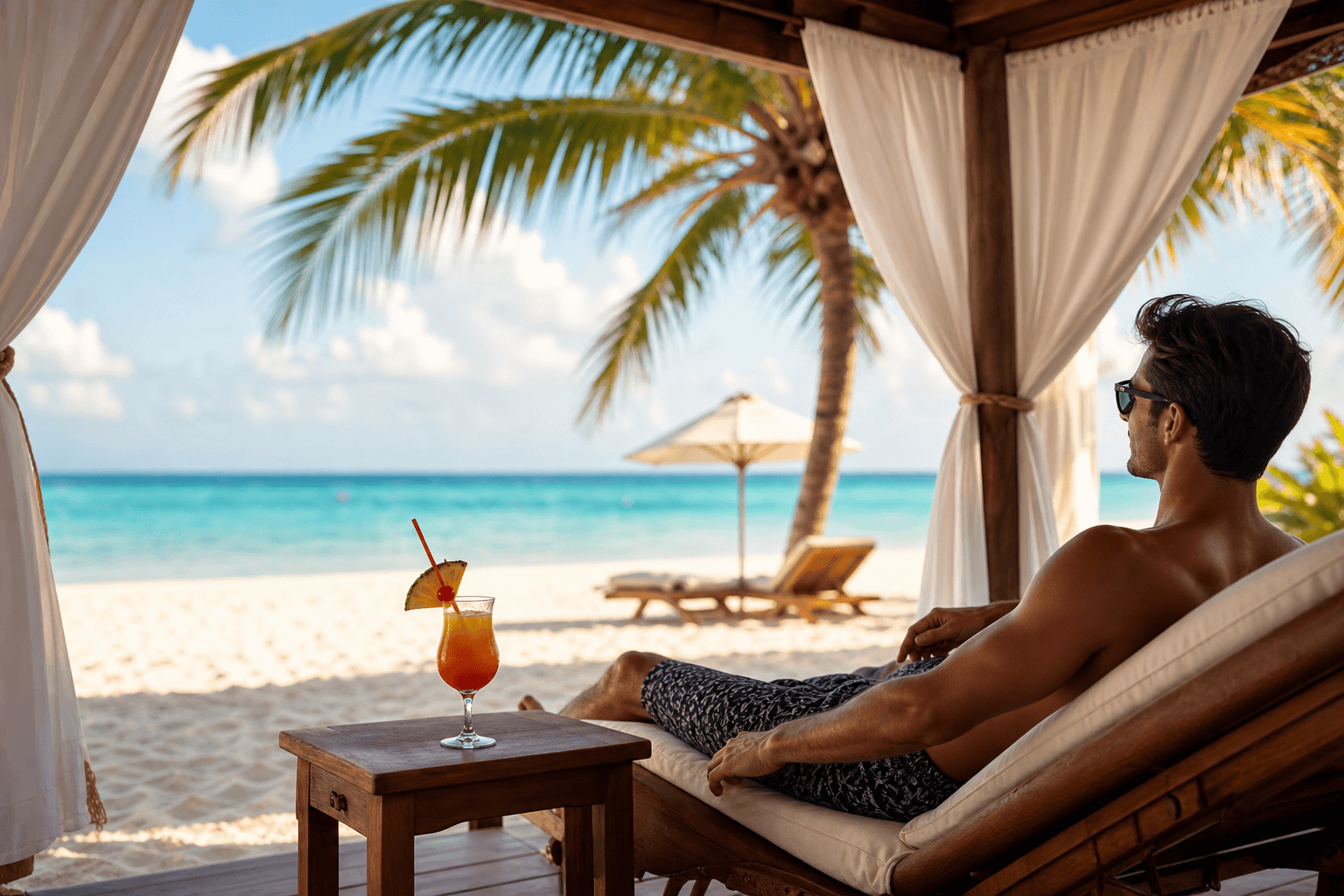 A man relaxing on a lounge chair in a beach cabana with a tropical drink, looking out at white sand and a turquoise ocean